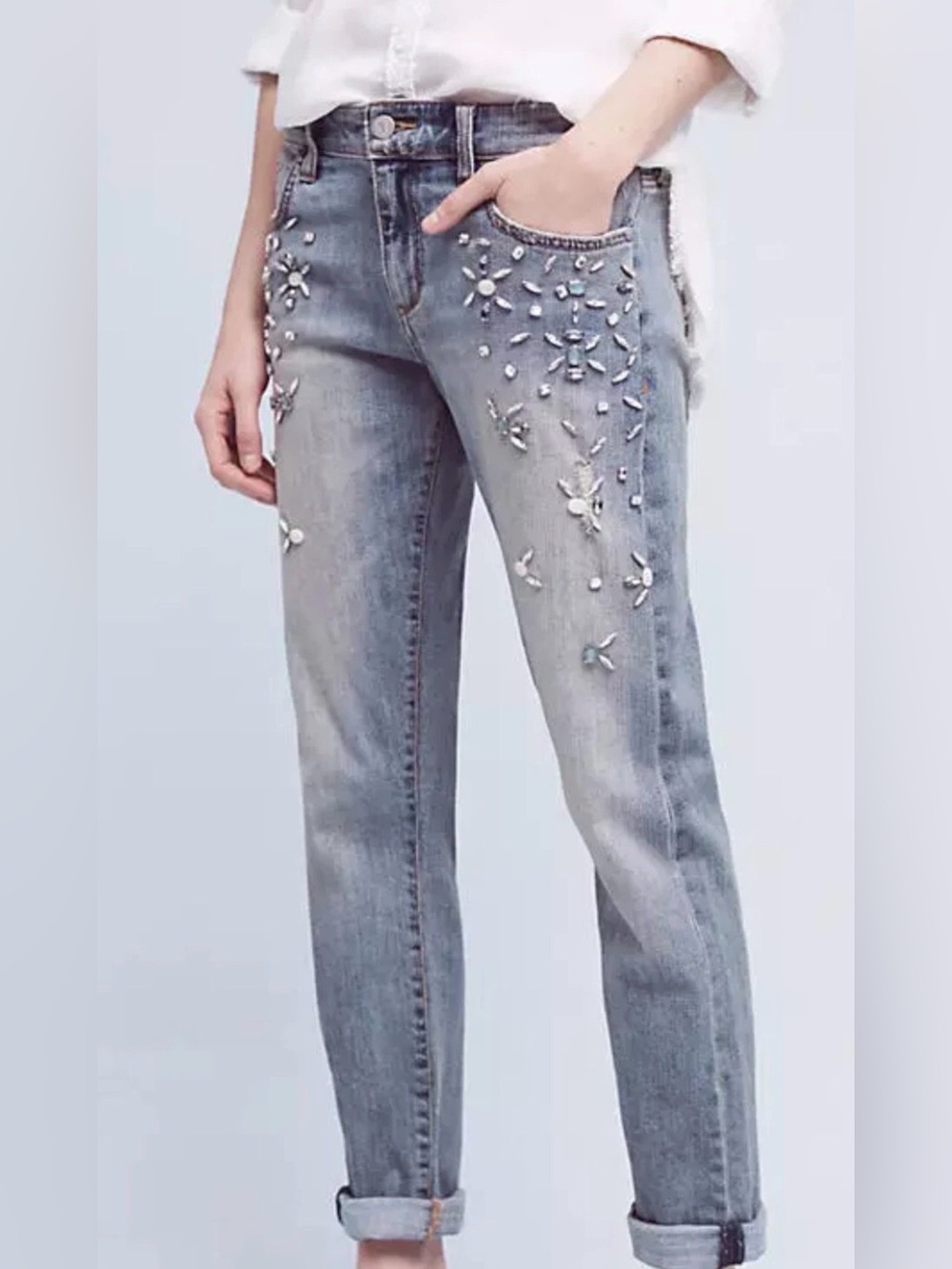 Anthropologie Pilcro Hyphen Bejeweled Mid-Rise Jeans 29 Crop Denim Rhinestone